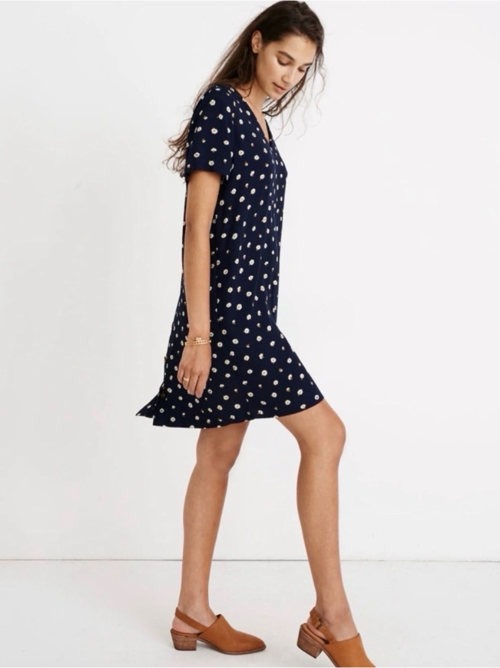 MADEWELL BUTTON BACK EASY DRESS IN DAISY DOTS DARK NIGHTFALL BLUE XLAB331
